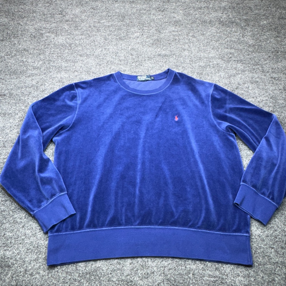 Polo Ralph Lauren Sweatshirt Mens XL Blue Velour Crewneck Pony Y2K Cozy Boho